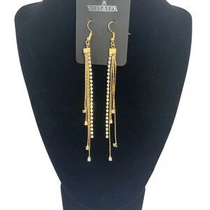 ToDoModa Earrings Fishhook Rhinestone Gold Toned Strands Teardrop Length 11”